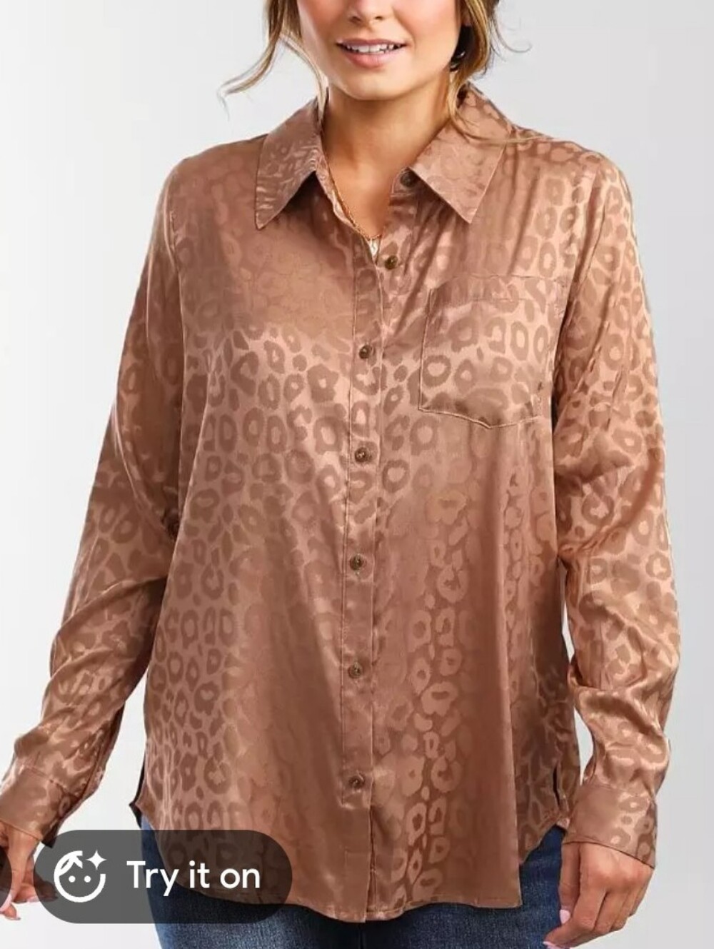 Hem & Thread Satin Cheetah Jacquard Blouse - Copper